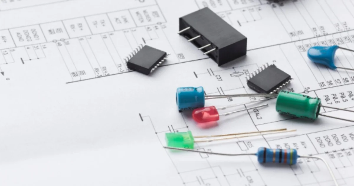 Electronic components including LEDs, capacitors, and ICs placed on a circuit diagram